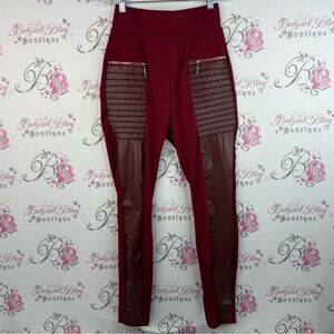 Pants tights faux leather red Stylish Burgundy Pants shiny zip up  Accents